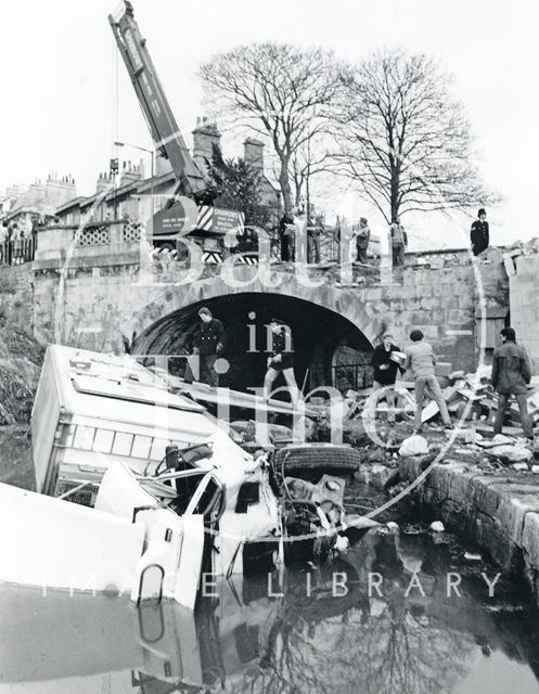 Juggernaut crashed through Bathwick Hill bridge into the Kennet and Avon Canal, Bath 1984