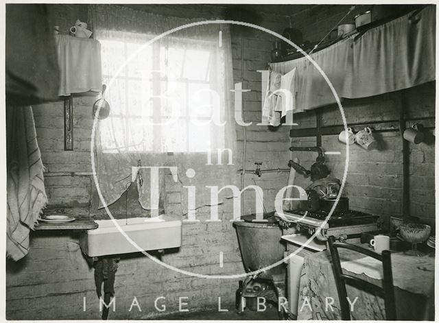 Slum interior, Southdown Housing scheme, 45, Oriel Grove, Cooking & Washing facilities, Bath c.1950?