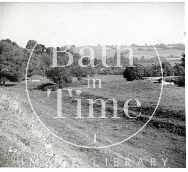 Somersetshire Coal Canal, Line of main canal (foreground) and junction with Radstock branch aqueduct 1951