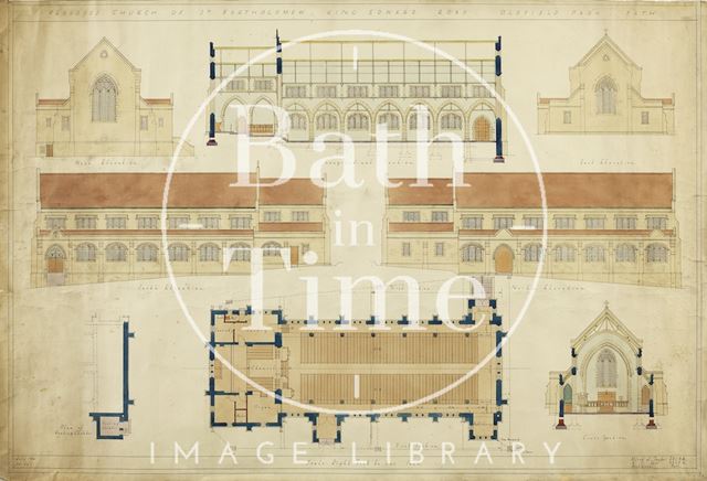 Proposed Church of St. Bartholomew, Bath - elevation, section, plan - A.J. Taylor 1936