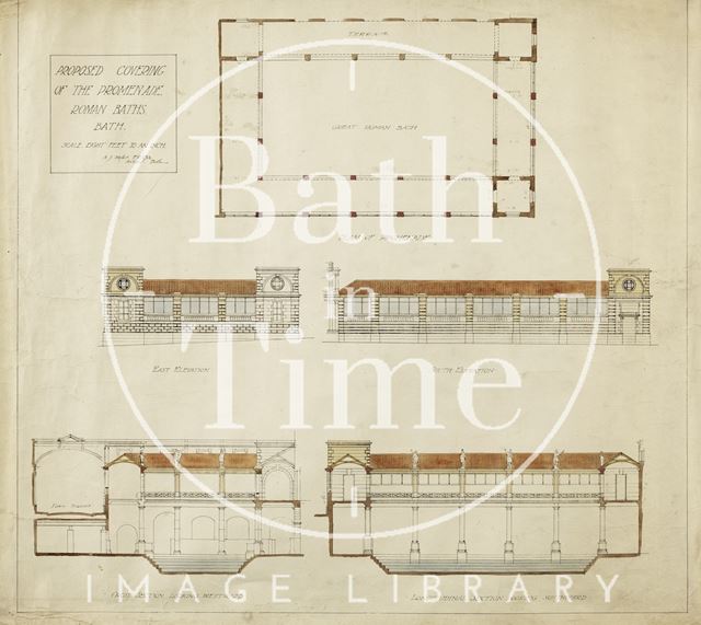 Proposed covering of the promenade at the Roman Baths, Bath - plan, elevations, cross section, longitudinal section - A.J. Taylor c.1930