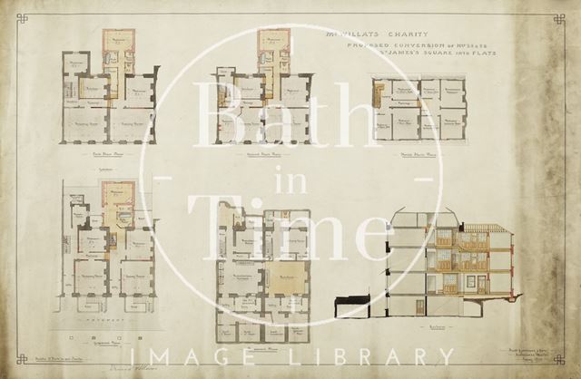 Mr. Willat's Charity, Proposed conversion of 25 & 26, St. James's Square, Bath into flats - plans 1 section - Frederick Gardiner & Son 1914