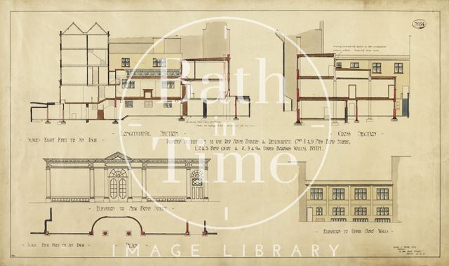 Proposed alterations to the Red House Bakery & Restaurant, 8 & 9, New Bond Street 1, 2, & 3, Bond Court, & 8, 9, & 9a Upper Borough Walls, Bath - longitudinal section, cross section, elevations, plan - A.J. Taylor 1913