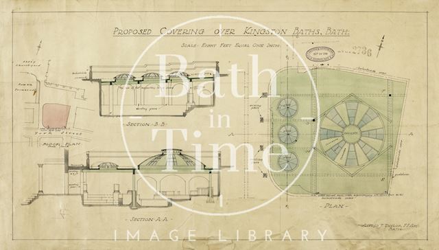 Kingston Baths, Bath - proposed covering - plan, sections, block plan - A.J. Taylor 1924