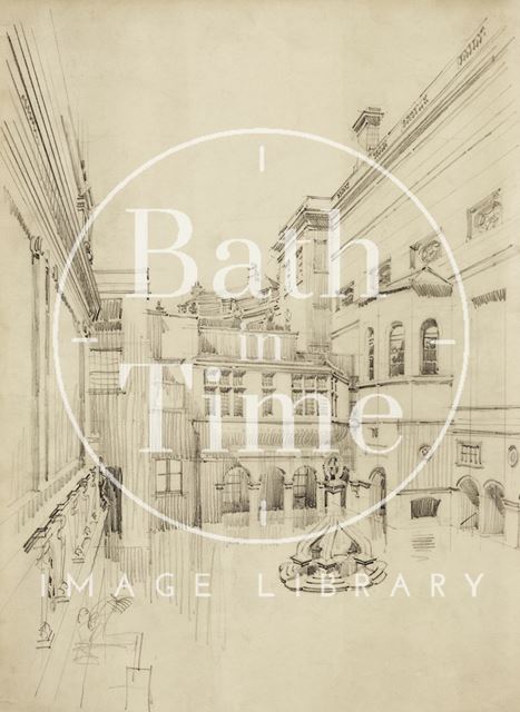 Pencil sketch of King's Bath with 'kitchen', looking westwards, Bath c.1920?