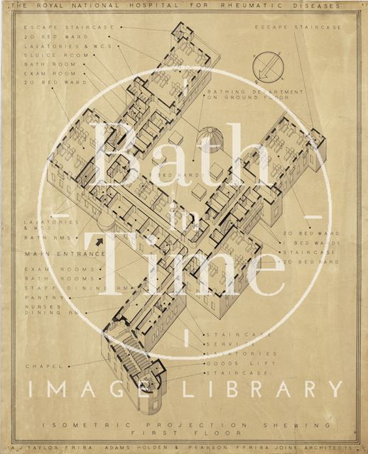 R.N.H.R.D., Bath - isometric drawing showing first floor - proposed buildings - A.J. Taylor c.1938