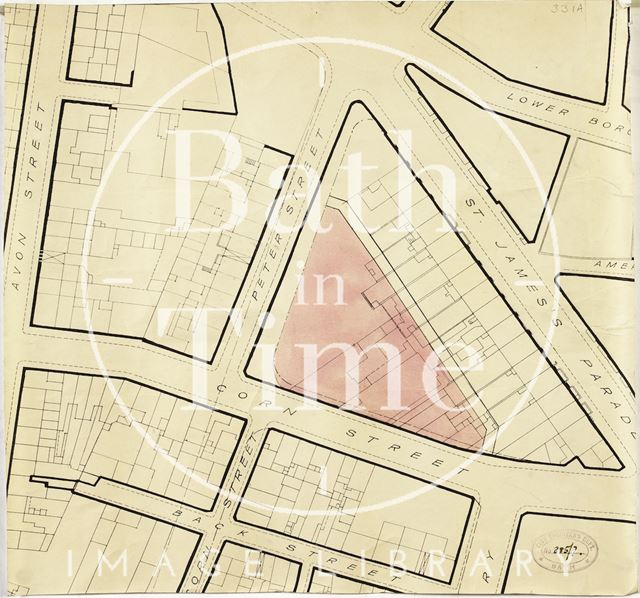 R.N.H.R.D., Bath - street block plan with proposed new location between Corn Street, Peter Street and St. James's Parade highlighted c.1938