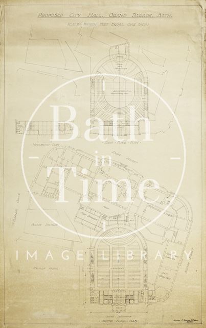 Proposed City Concert Hall, Grand Parade, Bath - ground, mezzanine & first floor plans, Guildhall Market - A.J. Taylor c.1910