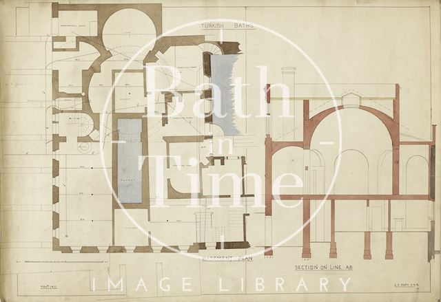 Turkish Baths, Bath - basement plan and section - Charles E. Davis 1877