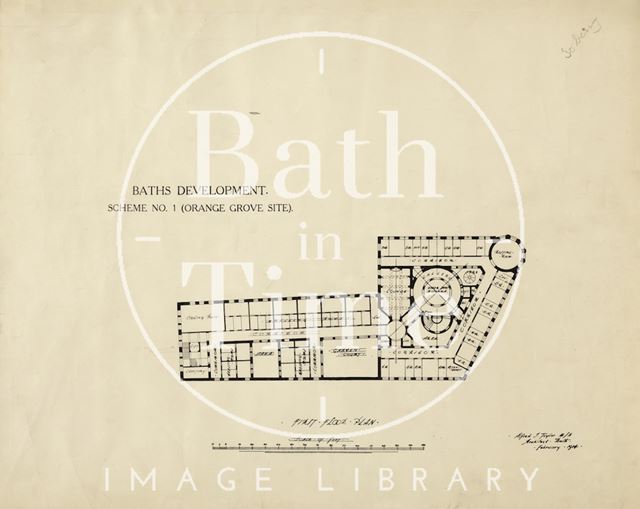 Baths development - Scheme No. 1, Orange Grove, Bath site, first floor plan - A.J. Taylor 1914