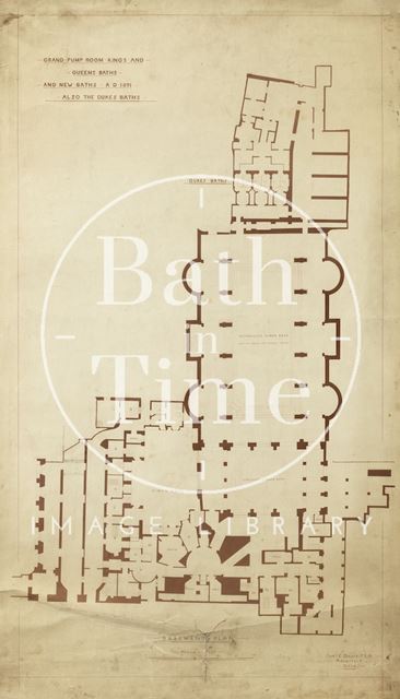 Grand Pump Room, Bath - King's & Queen's Baths, New Baths, also the Duke's Baths - basement plan - Charles E. Davis 1891