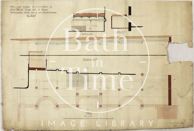 Plan and section of excavations in York Street, Bath - south side of Roman Rectangular Bath showing reconstruction of street - Charles E. Davis c.1890