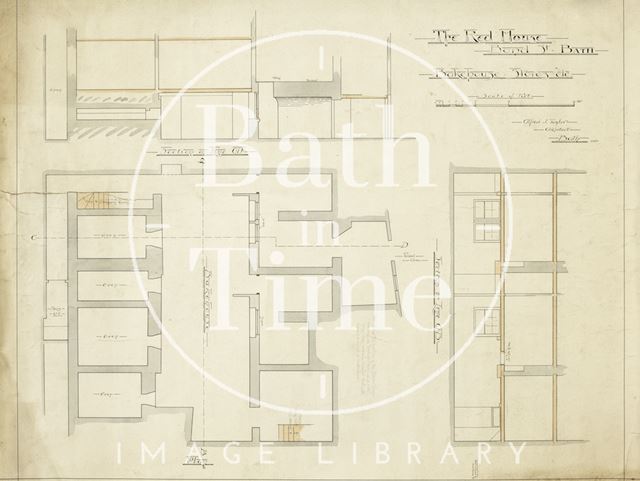 The Red House, New Bond Street, Bath - bake house, stores etc. - sections and plan - A.J. Taylor 1902