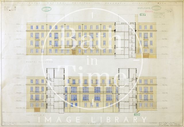 R.N.H.R.D., Bath. Mineral Water Hospital proposed new buildings - north elevation and section - 1034/53 - A.J. Taylor and Adams Holden & Pearson, London 1939