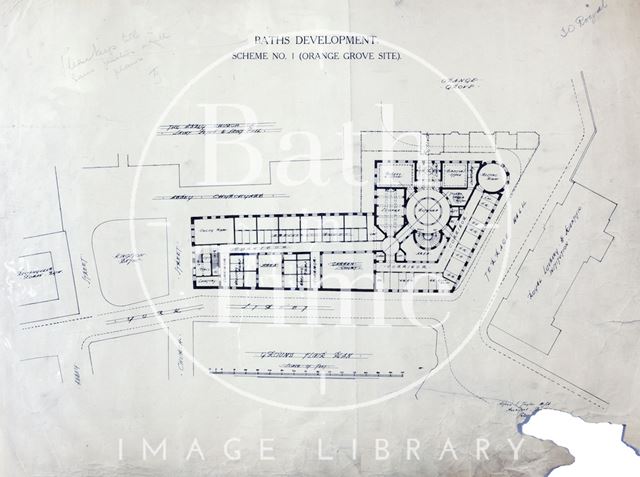 Baths development - Scheme No. 1, Orange Grove, Bath site, ground floor plan - A.J. Taylor 1914