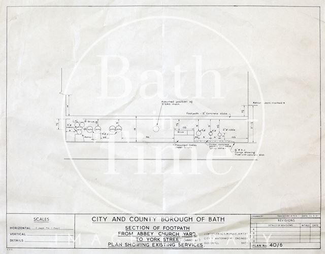 Section of footpath from Abbey Church Yard to York Street, Bath - plan showing existing services - 40/6 1957