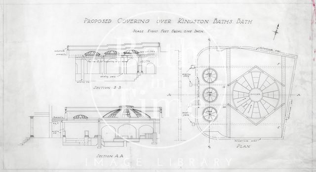 Kingston Baths, Bath - proposed covering - sections & plan - Gerrard Taylor & Partners c.1955?