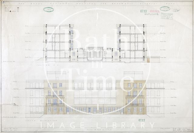 R.N.H.R.D., Bath. Mineral Water Hospital proposed new buildings - section and south elevation - 1034/55 - A.J. Taylor and Adams Holden & Pearson, London 1939