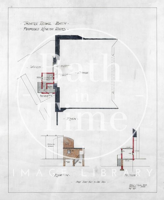 Theatre Royal, Bath proposed Kinema rooms - plan, elevation & section - A.J. Taylor 1917