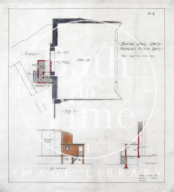 Theatre Royal, Bath proposed Kinema rooms - plan, elevation & section - No. 4 - A.J. Taylor 1917