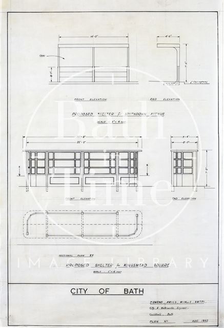 Proposed shelters for Kingsmead Square and Southdown Avenue, Bath - elevations and plan 1952