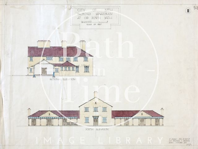 Proposed sanatorium at Odd Down, Bath - section & south elevations - No. 2 - D. Edwards 1920