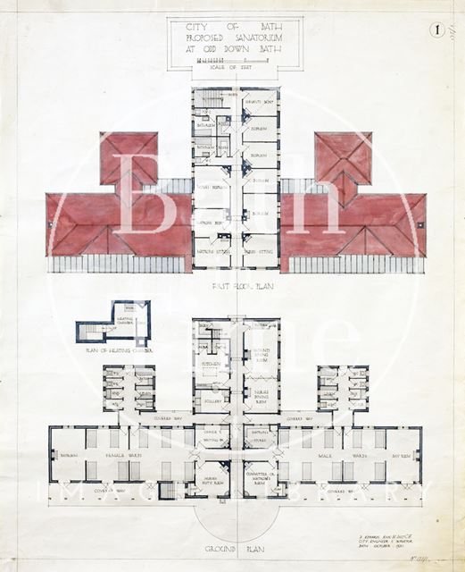 Proposed sanatorium at Odd Down, Bath -first and ground floor plans - No. 1 - D. Edwards 1920