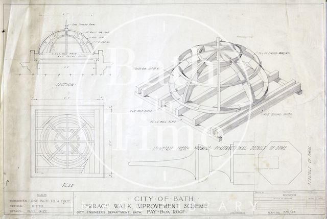 Terrace Walk improvement scheme, Bath - pay box roof - isometric sketch in section & plan - 379/29 - City Engineer, Bath c.1932