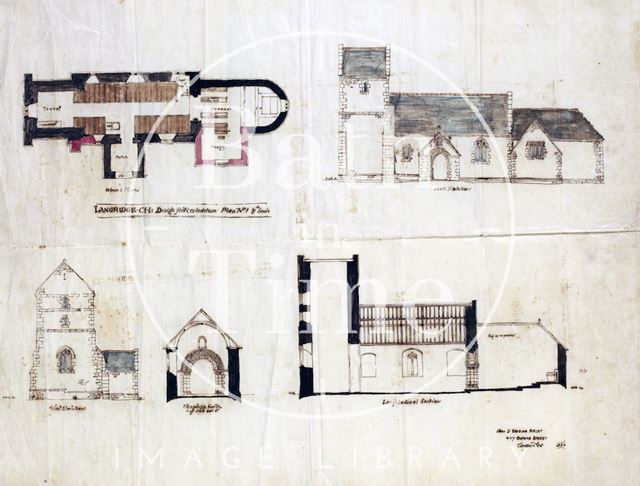 Design for restoration - elevations, sections, plans - John D. Sedding, St. Mary Magdalene Church, Langridge 1886