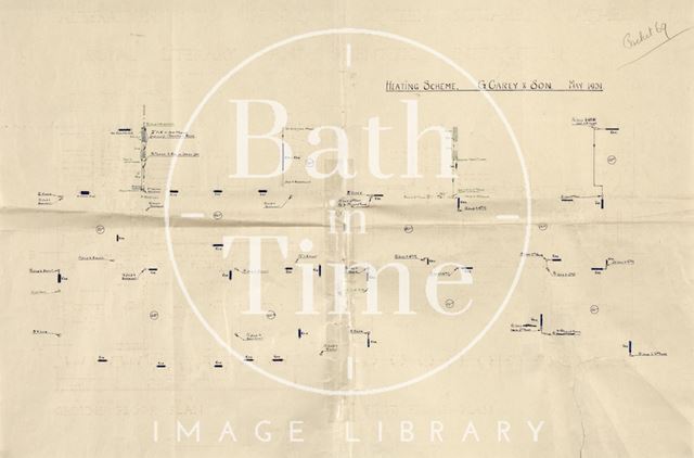 Alterations to the Bath Royal Literary and Scientific Institution, 16, 17 and 18, Queen Square - heating scheme - ground and first floor plan - Mowbray Green & Hollier, Bath 1931