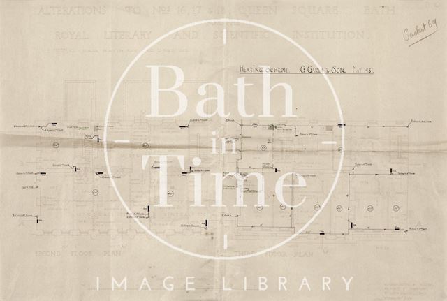 Alterations to the Bath Royal Literary and Scientific Institution, 16, 17 and 18, Queen Square - heating scheme - ground and first floor plan - Mowbray Green & Hollier, Bath 1931