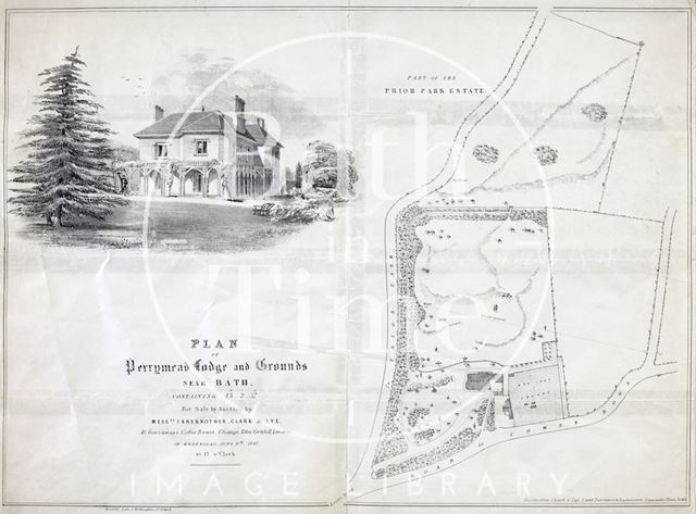 Plan of Perrymead Lodge and grounds, Bath - sale by auction - ground plan & sketch of house 1847