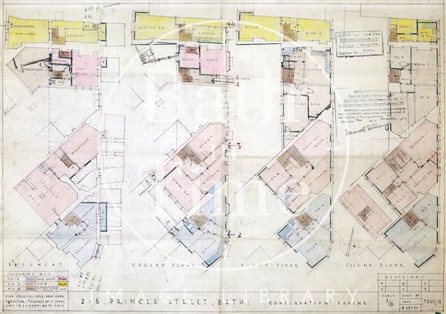 2 to 5, Princes Street conservation scheme, Bath - basement, ground, first floor plans - 7207/3 - Alan Crozier-Cole 1972