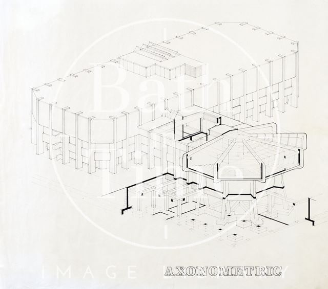 Proposed Library building for Podium site, Northgate Street, Bath - axonometric view mid-1980