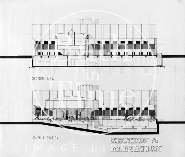 Proposed Library building for Podium site, Northgate Street, Bath - section and south elevation mid-1980