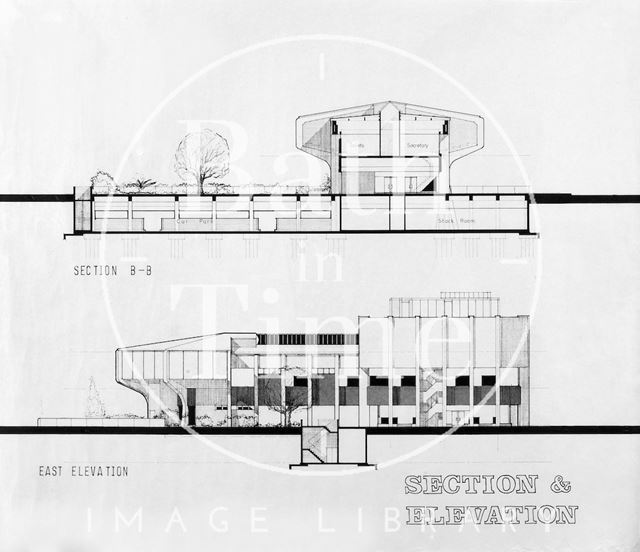 Proposed Library building for Podium site, Northgate Street, Bath - section and east elevation mid-1980