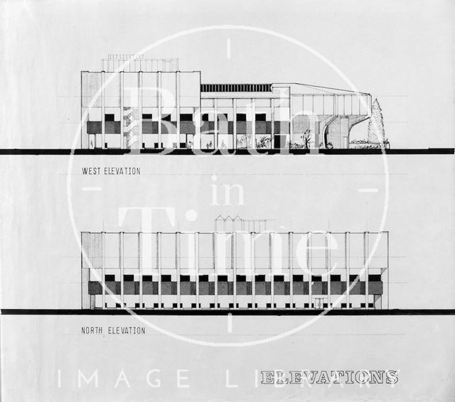 Proposed Library building for Podium site, Northgate Street, Bath - west and north elevations mid-1980