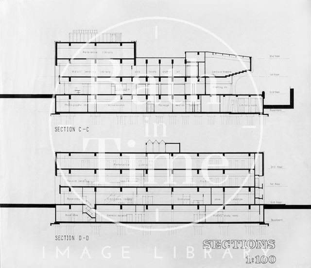 Proposed Library building for Podium site, Northgate Street, Bath - sections C-C D-D mid-1980