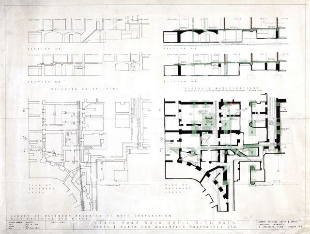 The Grand Pump Room Hotel site Bath - shops and flats for Ravenseft Properties Ltd. - Arlington House - sections and plan of building as existing and proposed modifications - Kenneth Wakeford Jerram & Harris - 2162/18 1959