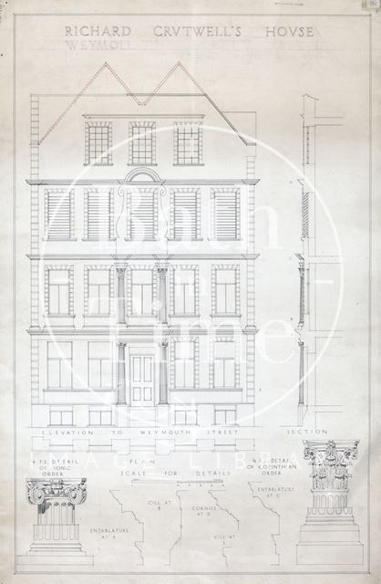 Richard Cruttwell's House, Weymouth Street, Norland Nannies - plan, section, elevation c.1920?