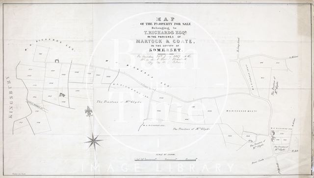 Map of the property for sale belonging to T. Richards Esqr. in the parishes of Martock and Coate 1857