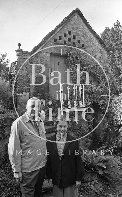 Peter and Jean Hansell, outside the dovecote, the Manor House, Bradford-on-Avon, Wiltshire 1988