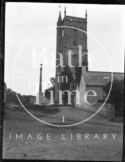 Village cross and Church of St. Peter & St. Paul, Bleadon, Somerset c.1900