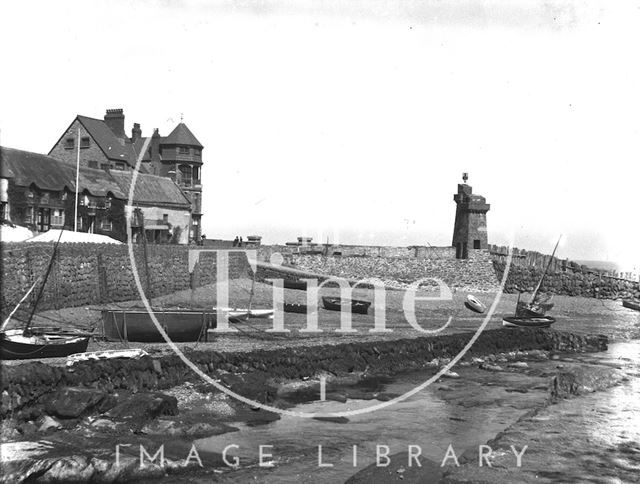 Harbour wall, Harbour Point House and Rhenish Tower, Lynmouth, Devon c.1900