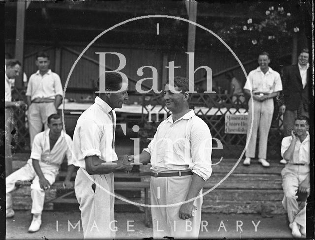 Handshake between cricketers at an unidentified location c.1940