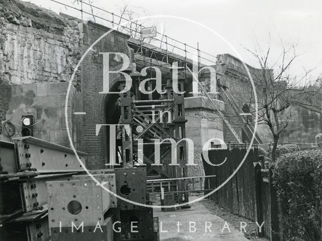 Half demolished railway bridge in Pulteney Road, Bath 1975