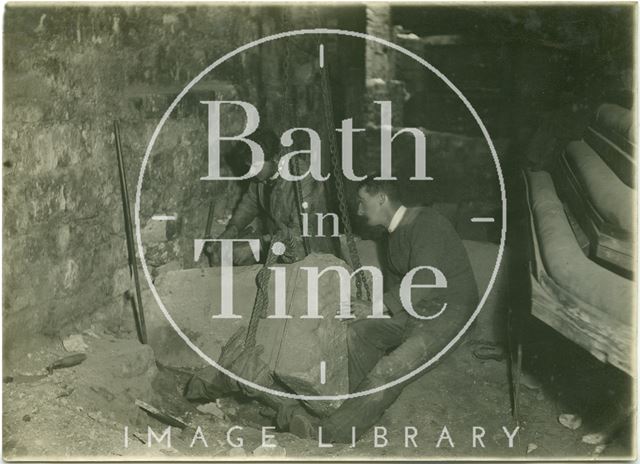 Roman altar being excavated at Queen's Bath, Bath c.1884-1886