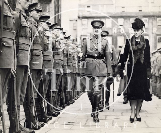 H.R.H. the Duchess of Kent, inspecting a Guard of Honour of the Somerset Light Infantry on arriving to reopen the historic Assembly rooms at Bath 1938