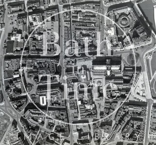 Aerial Photograph of Bath showing the Abbey, Stall Street and the distinctive shape of the Old City 1947