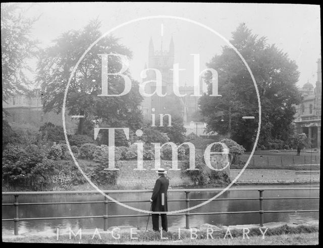 Gentleman besides the River Avon, looking towards Abbey, Bath c.1905